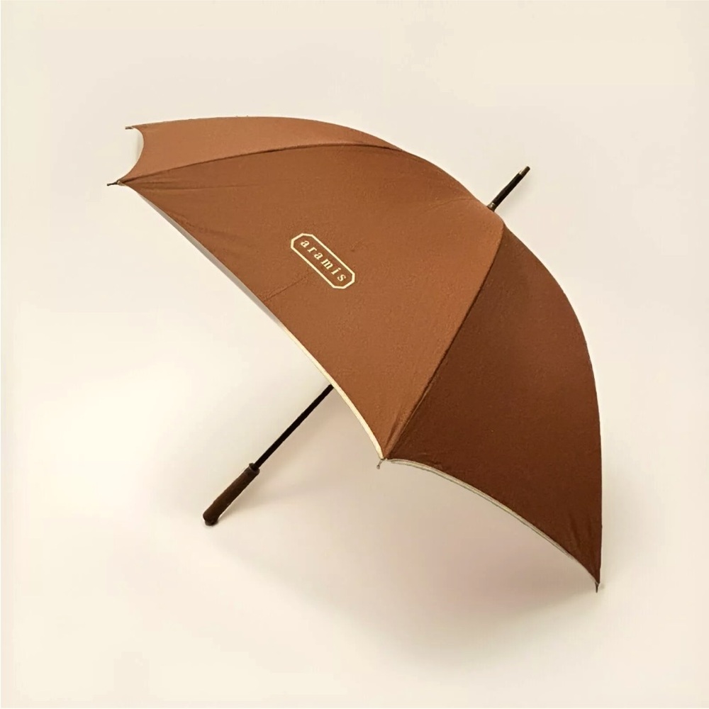 Aramis Vintage Classic Brown Umbrella Leather Handle Beige Trim 37" Never Used